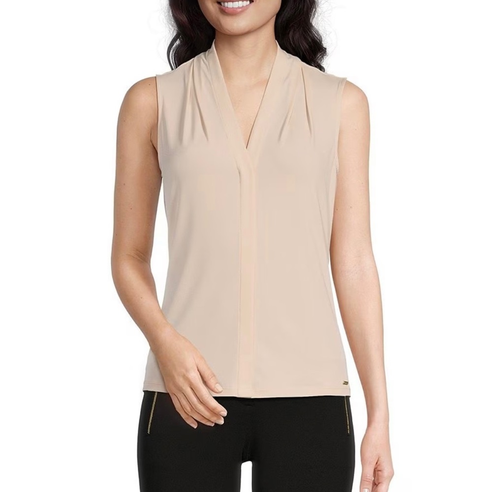 Calvin Klein Matte Jersey V-Neck Shoulder Pleat Sleeveless Top